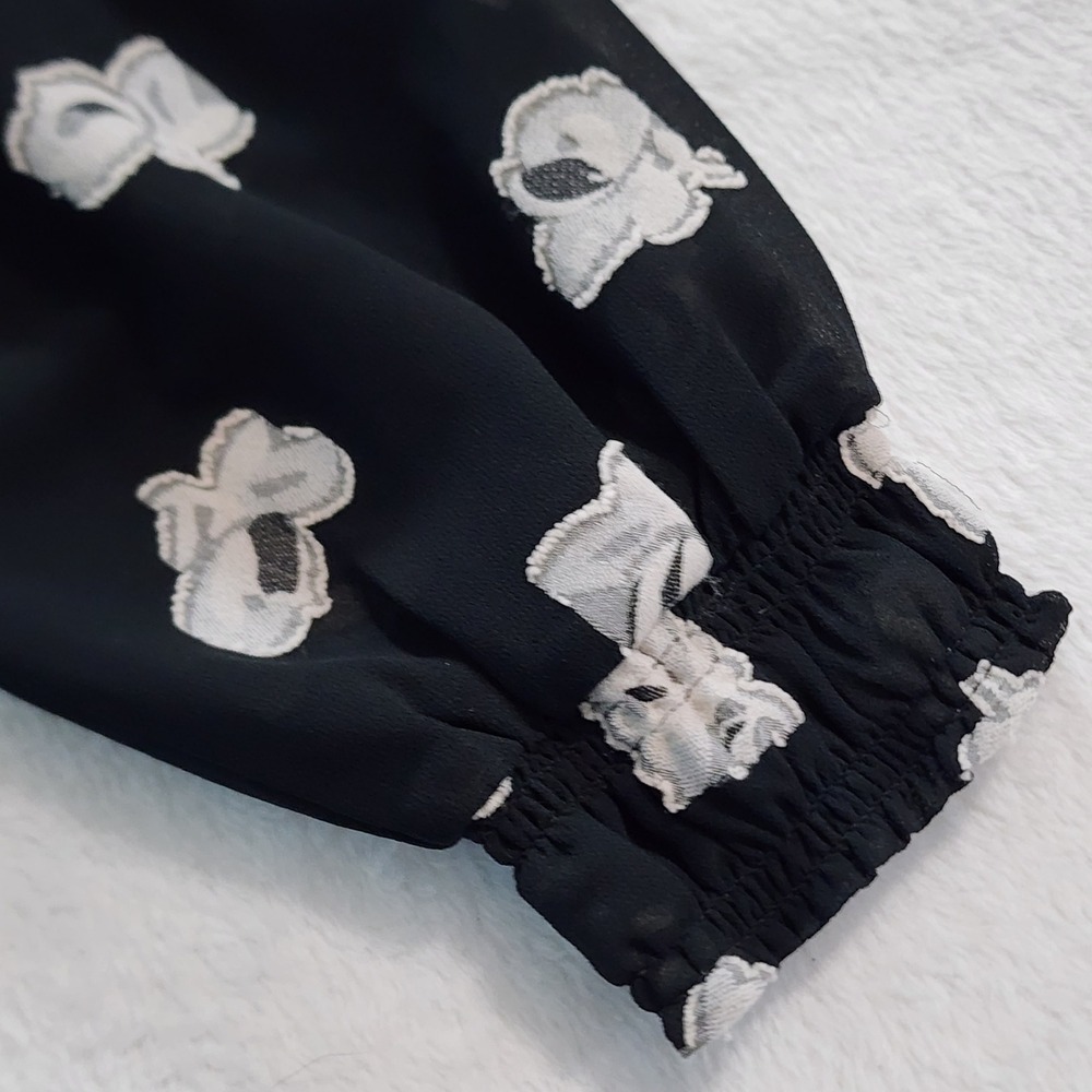 Loft‎ Floral Peplum Blouse Womens Medium Petite MP Black Sheer Layer Long Sleeve - Picture 9 of 15
